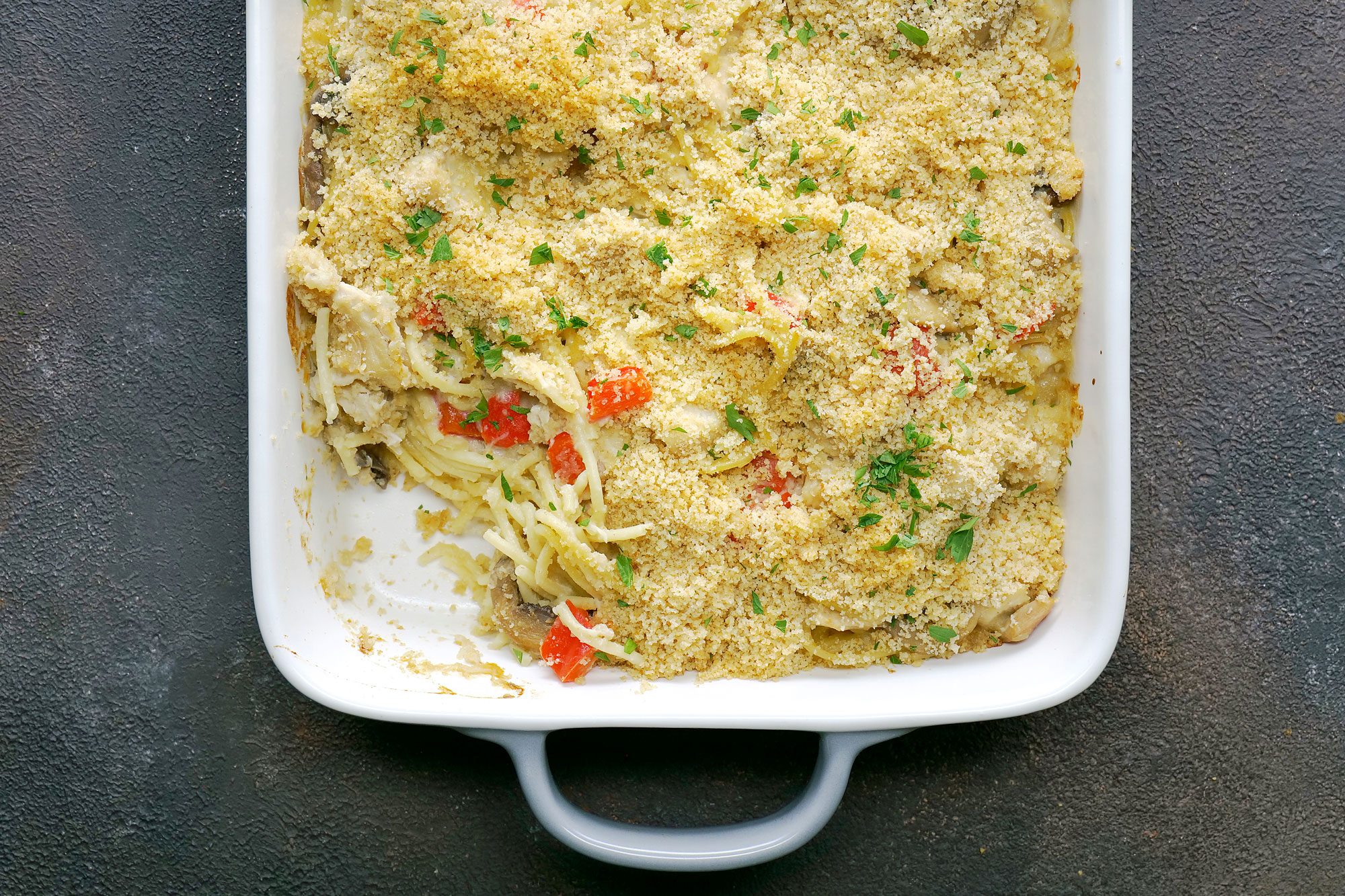 overhead shot of turkey tetrazzini in a baking dish