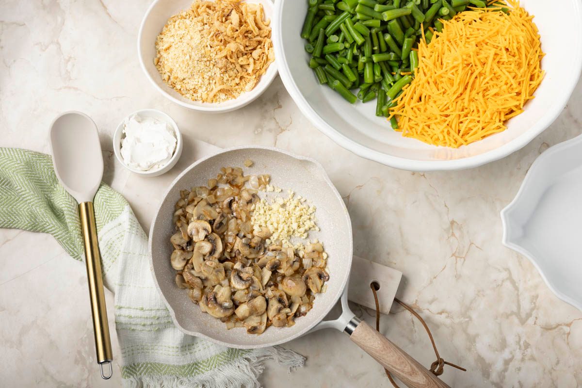large skillet, saute the mushrooms and onion in oil for Vegan Green Bean Casserole