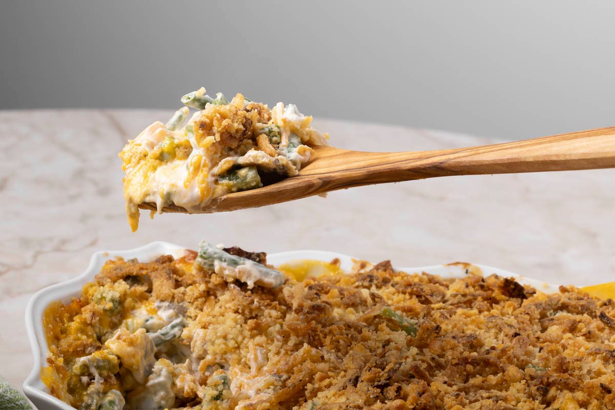 Vegan Green Bean Casserole close up of spoon
