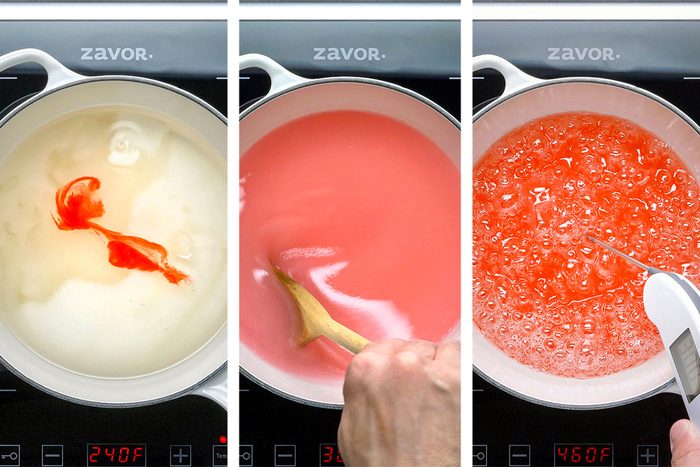 Three frames of boiling the ingredients for watermelon candy