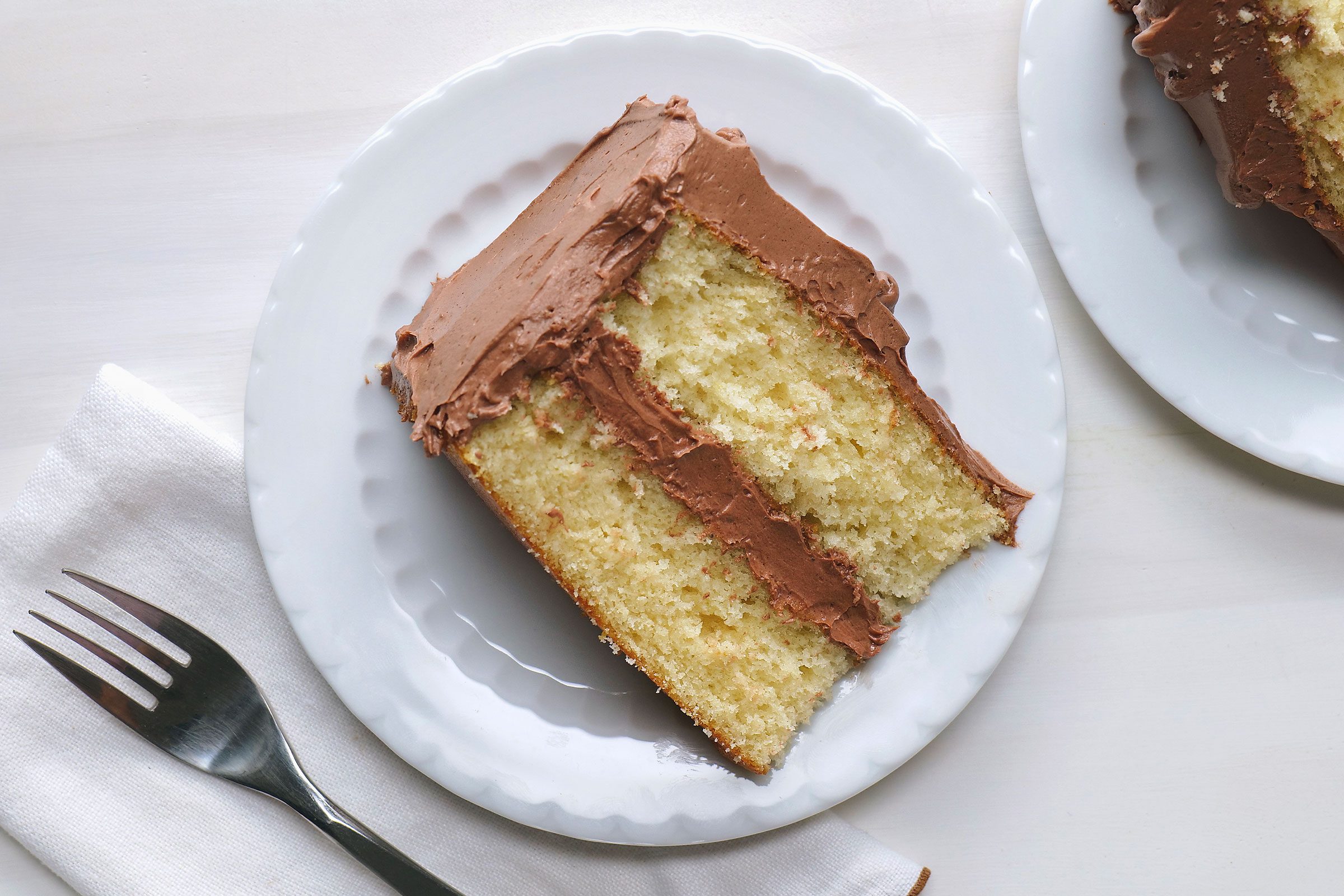 Yellow Cake piece on a plate with a fork 