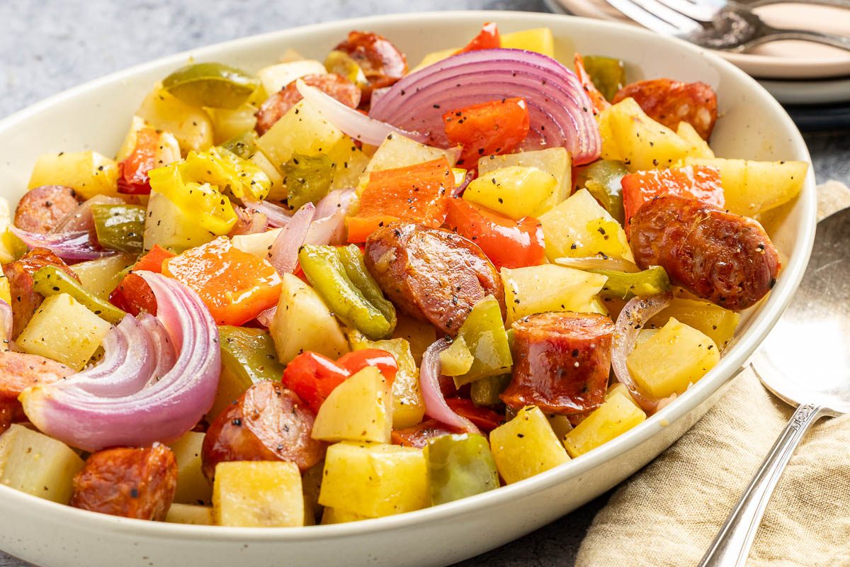 Taste of Home Andouille Sausage and Peppers photo of the finished recipe in a serving dish.