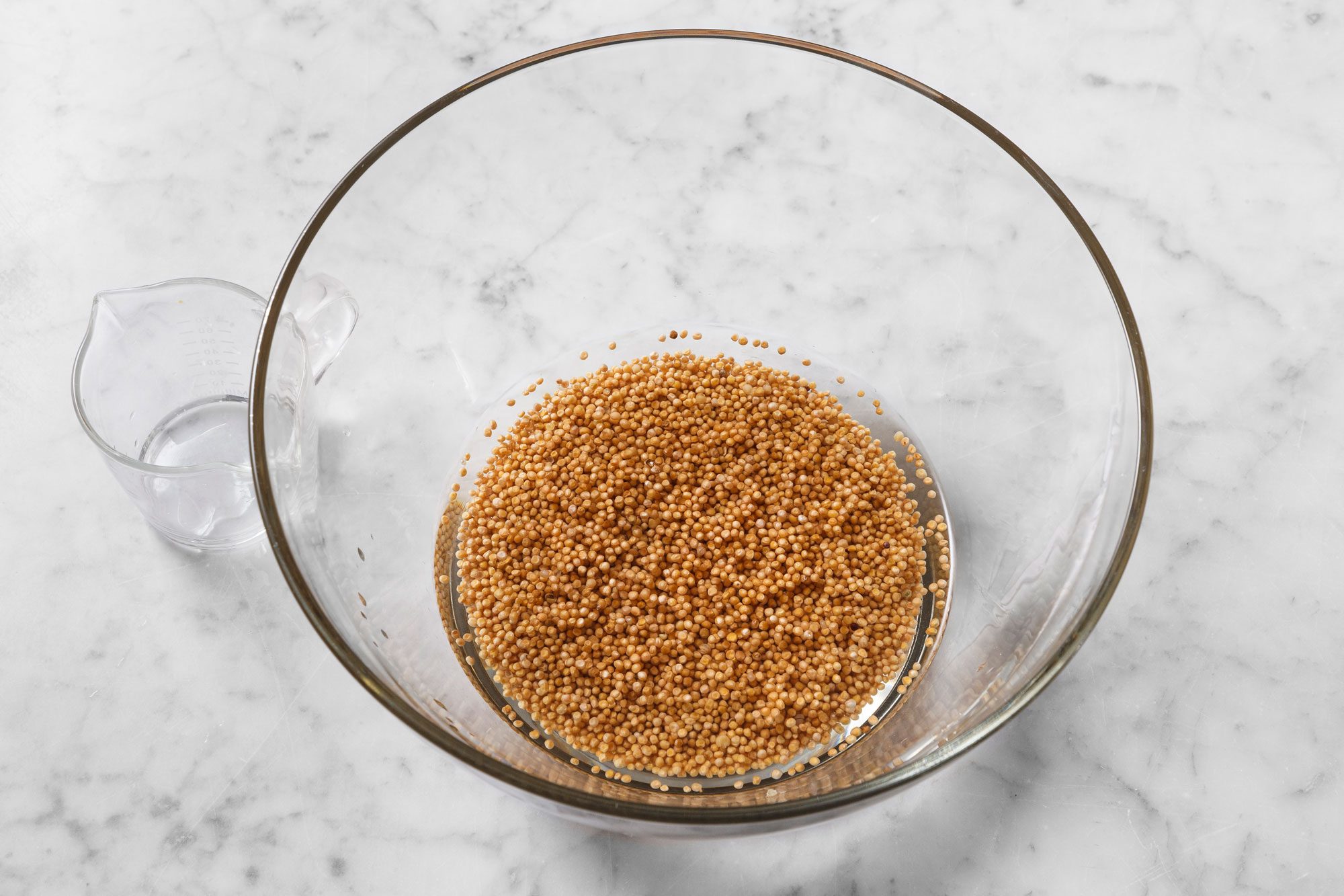 Combine 1/2 cup vinegar, water and mustard seeds in a large glass bowl