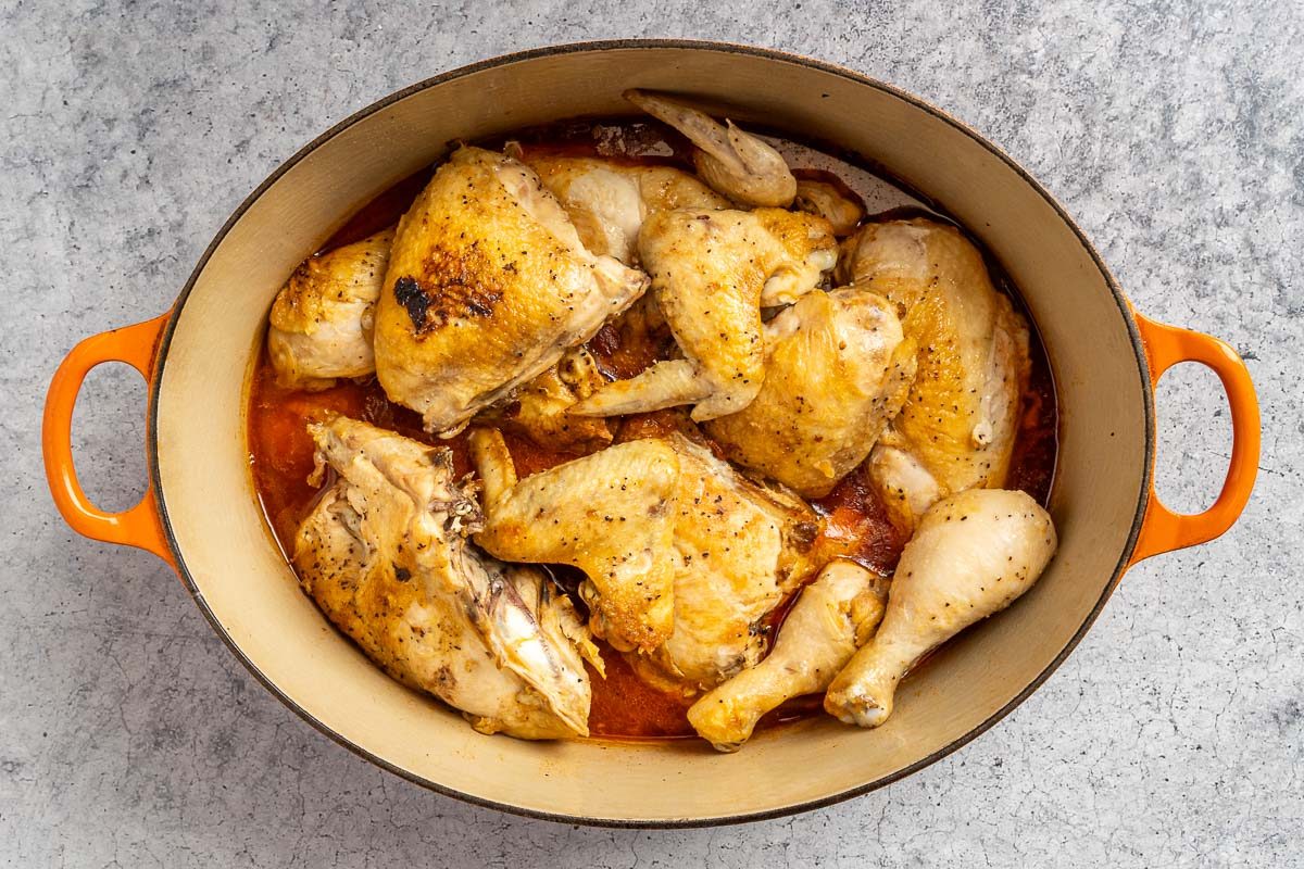 Taste of Home Hungarian Chicken Paprikash photo of the simmered chicken.