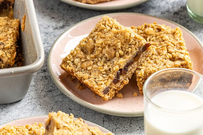 Taste of Home Oatmeal Raisin Bars photo of the finished recipe cut into squares.