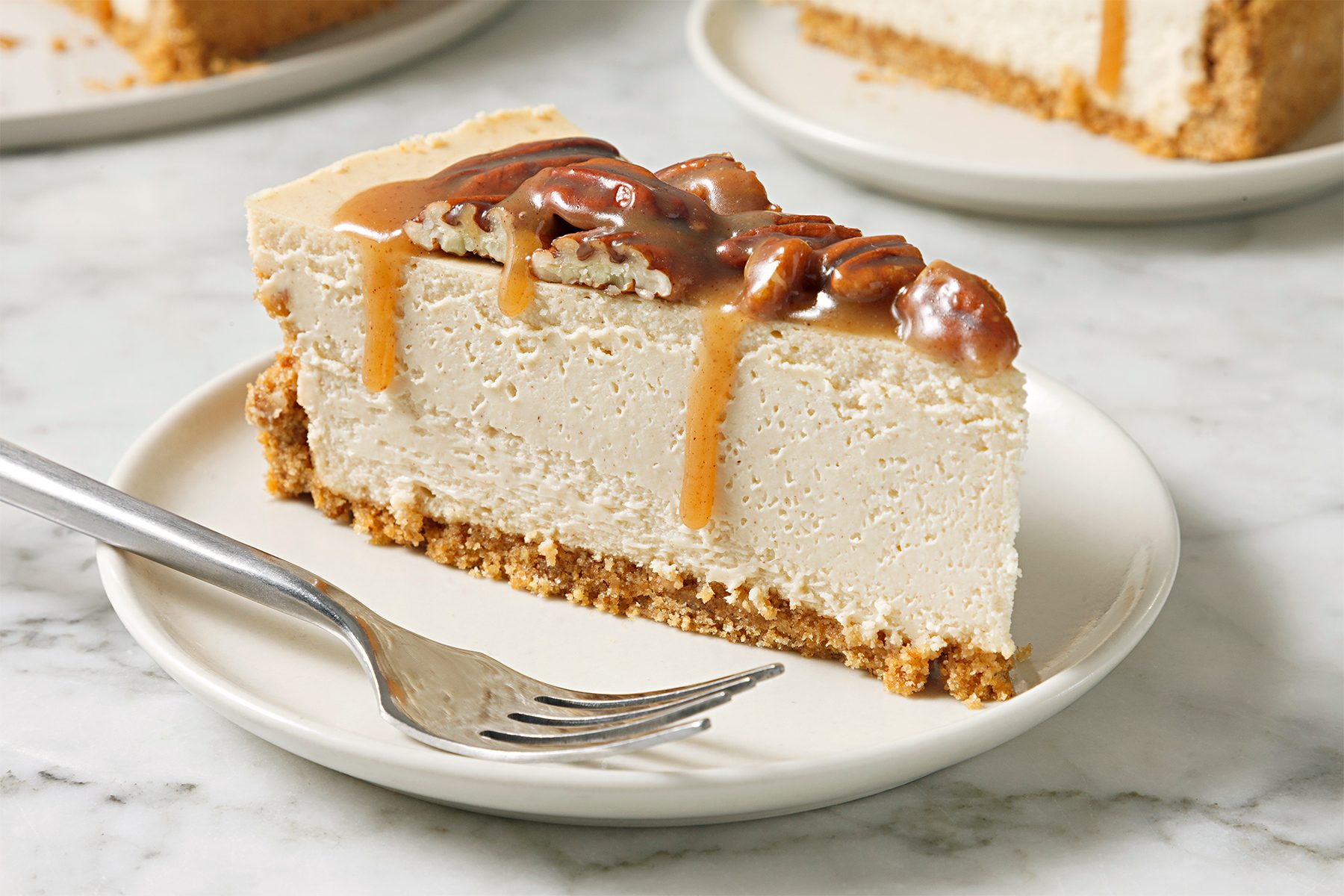 Vertical shot of pecan pie cheesecake