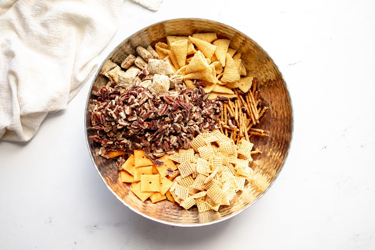 Overhead shot for Taste of Home Reindeer Chow, ingredients in a large bowl.