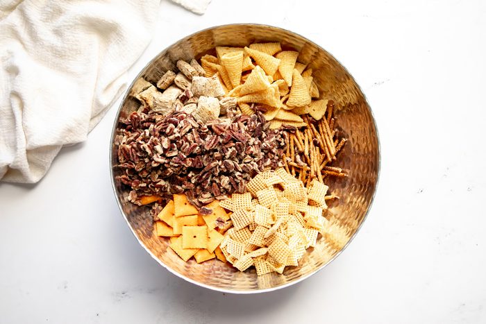 Overhead shot for Taste of Home Reindeer Chow, ingredients in a large bowl.
