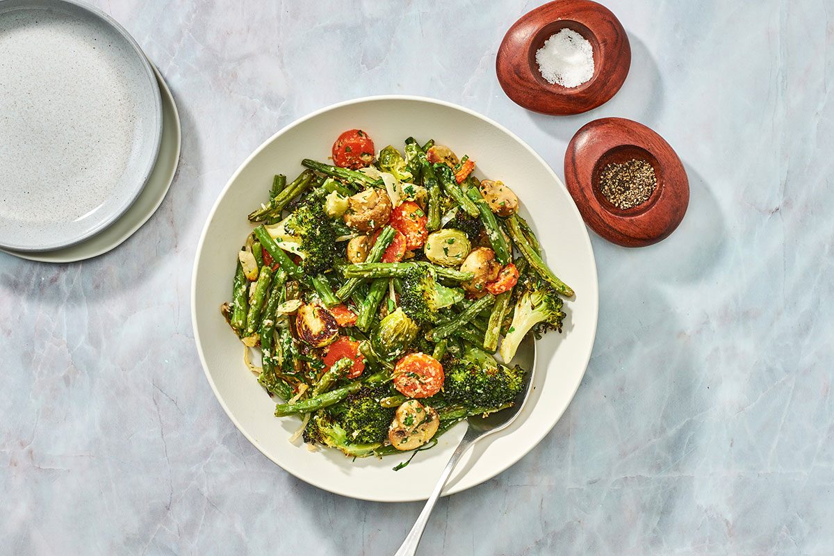 Roasted Green Vegetable Medley served in a large serving bowl