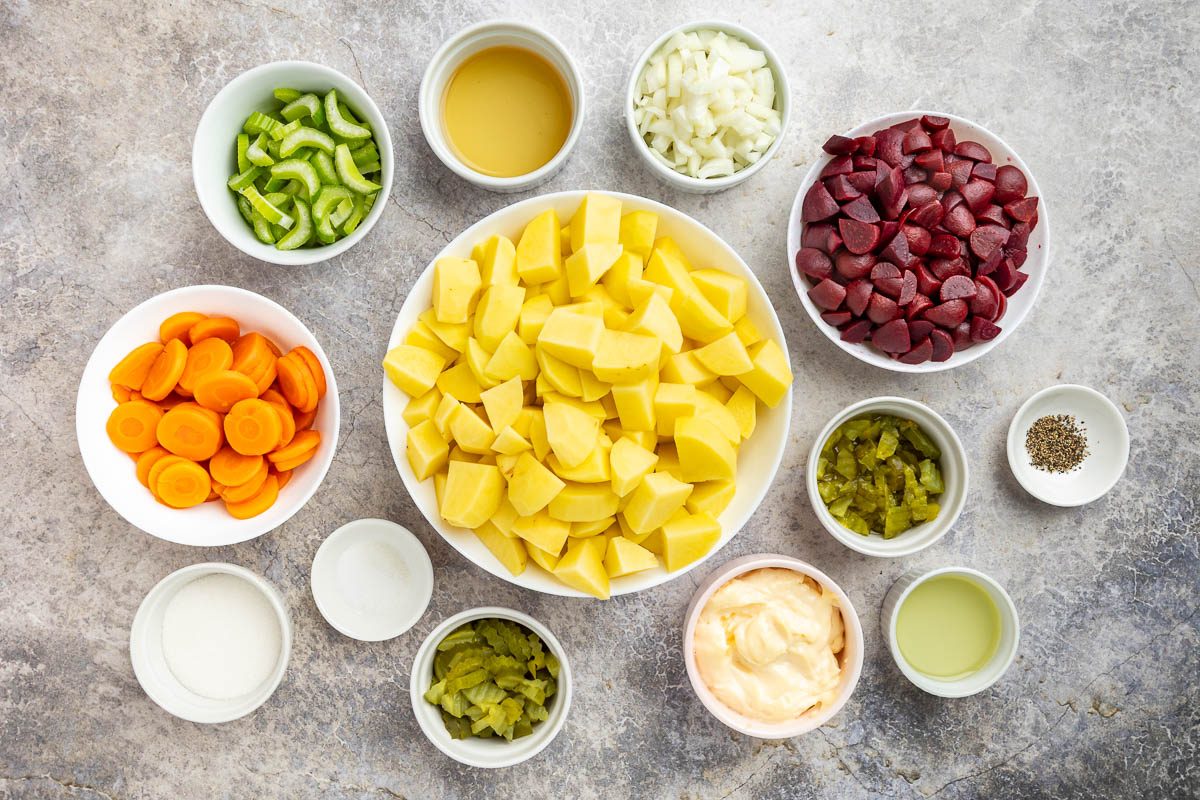 Taste of Home Russian Potato Salad recipe photo of the ingredients.