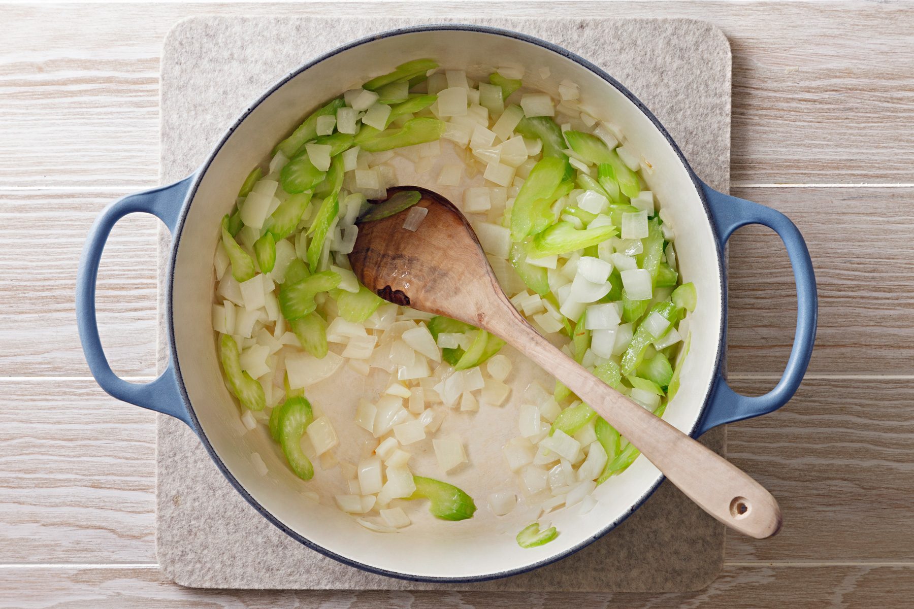 In a Dutch oven, heat oil over medium heat. Add onion and celery; cook until tender