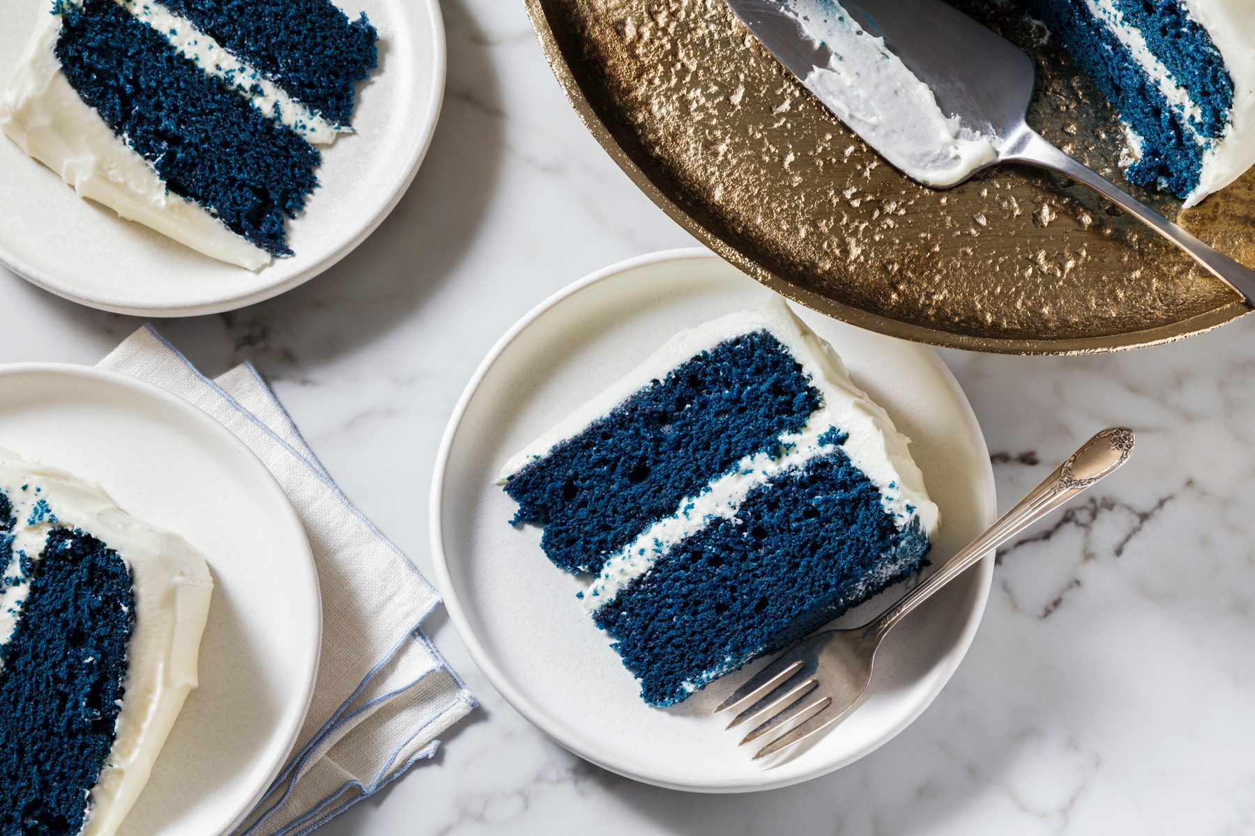 Overhead shot of blue velvet cake