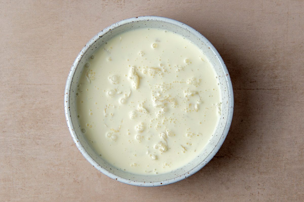 mozarella curd with water in a bowl