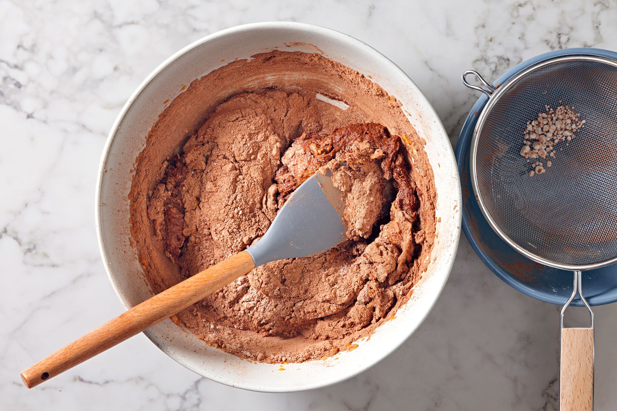 Sift in baking cocoa, flour, baking powder and salt