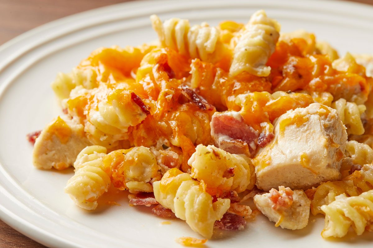 close up shot of Chicken Bacon Ranch Casserole