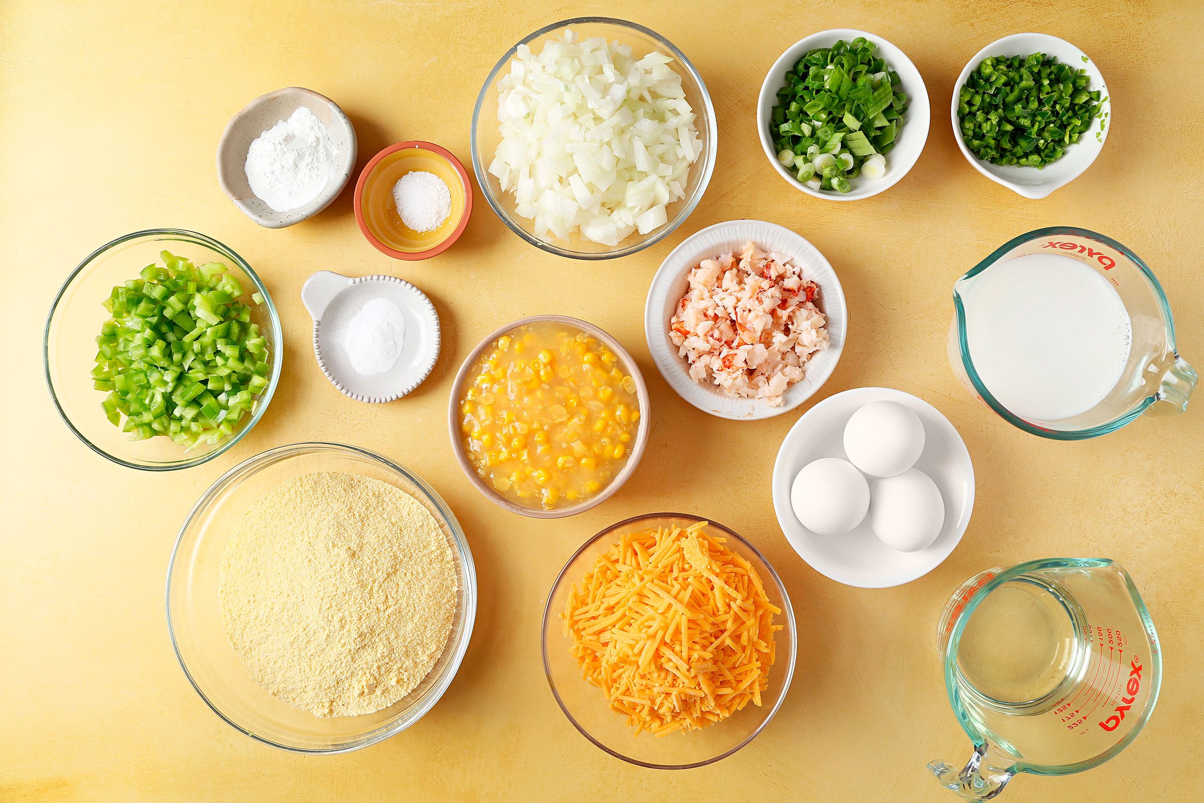 Crawfish Cornbread ingredients in glass bowls