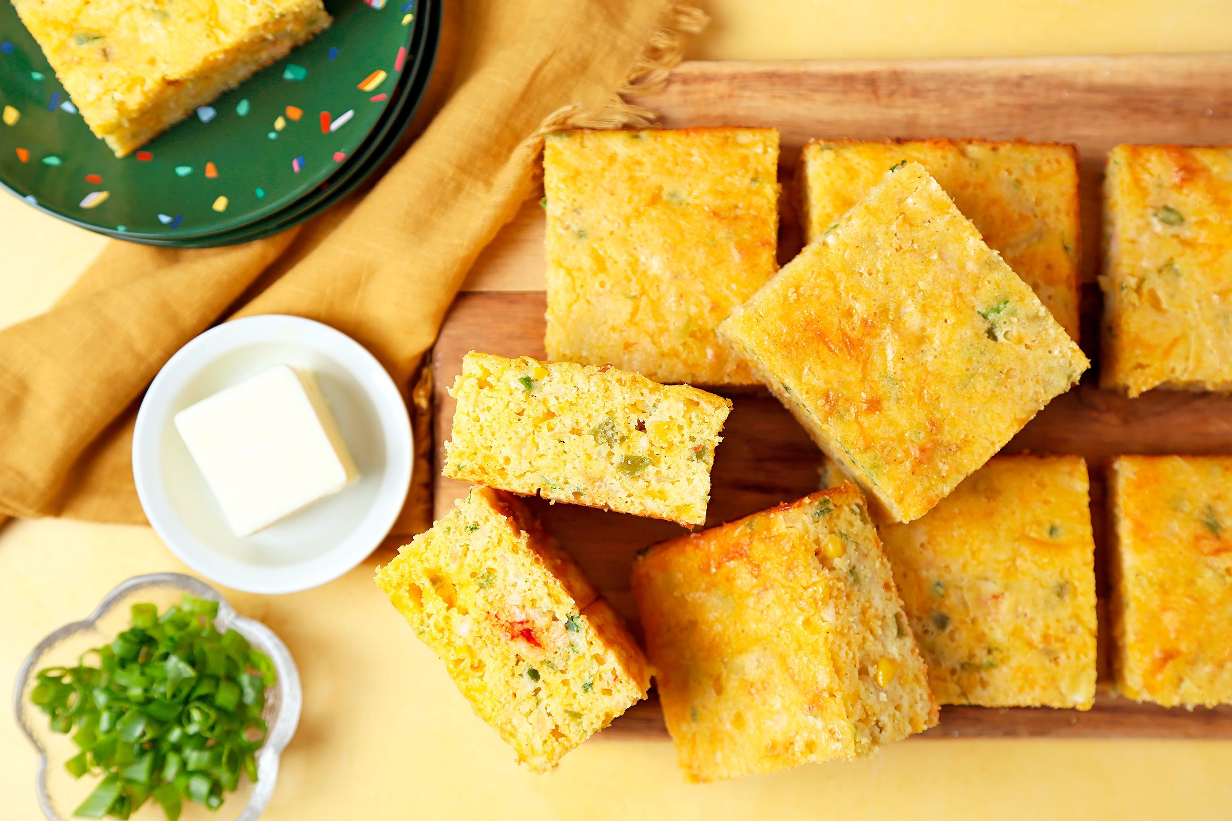 Crawfish Cornbread cut into square pieces