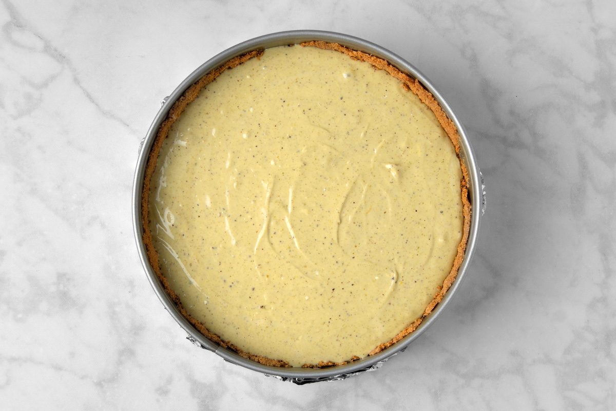 cheesecake filling poured into cooled crust