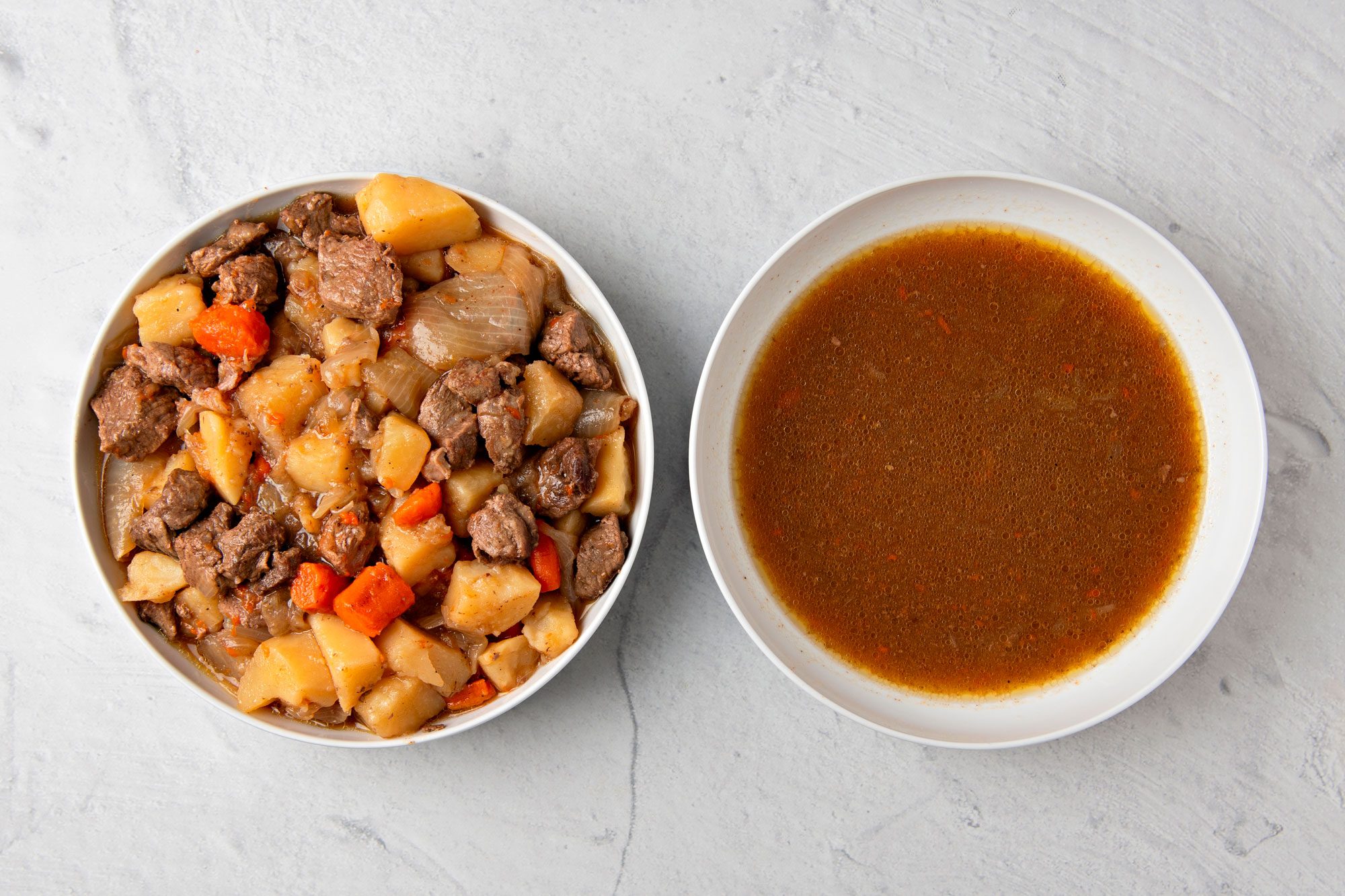 remove meat and vegetables to a large bowl; set aside and keep warm. Pour pan juices into another bowl; set aside.