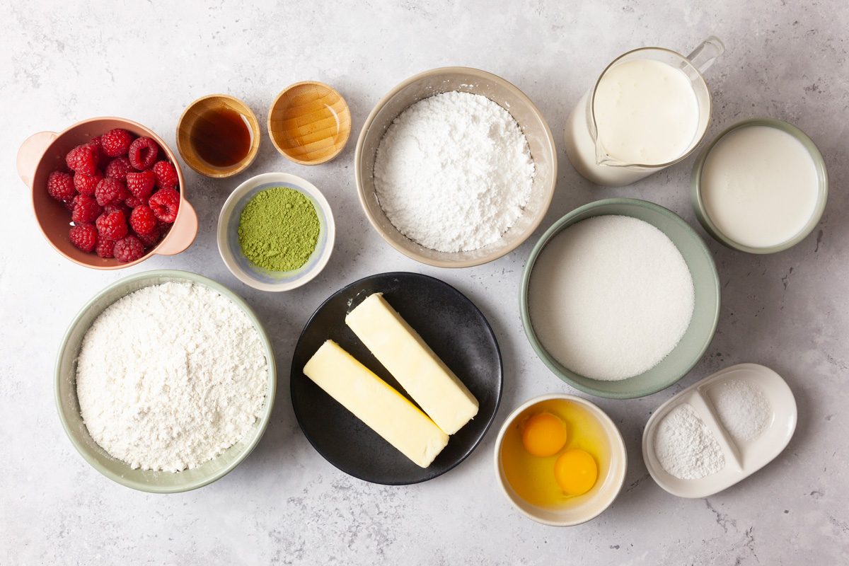 overhead shot of ingredients for Matcha Cake
