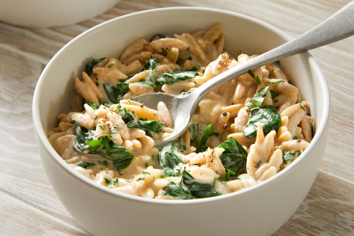 3/4th shot of Creamy Roasted Garlic & Spinach Orzo