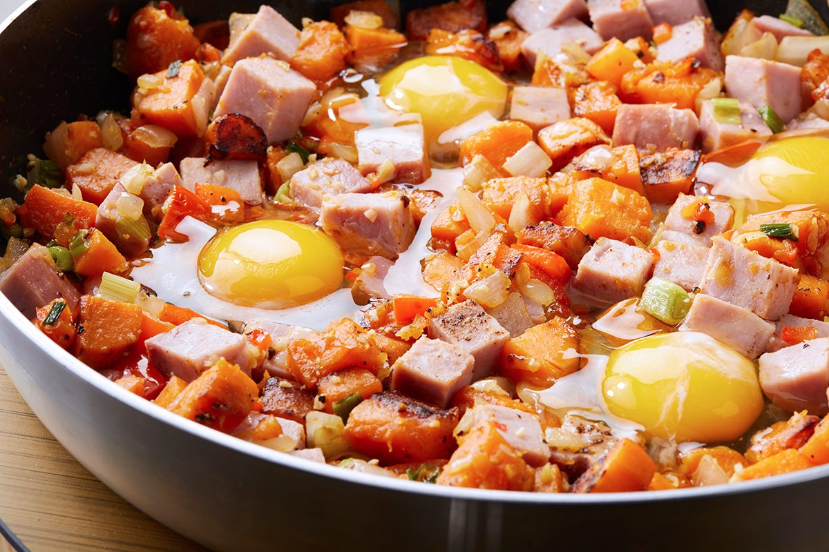 A skillet filled with diced ham, sweet potatoes, onions, and bell peppers, with three cracked eggs on top. The ingredients are uncooked, showcasing a colorful and hearty breakfast dish.