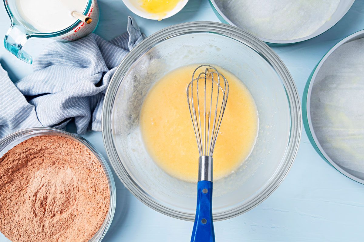 Wet ingredients beaten in a large mixing bowl.