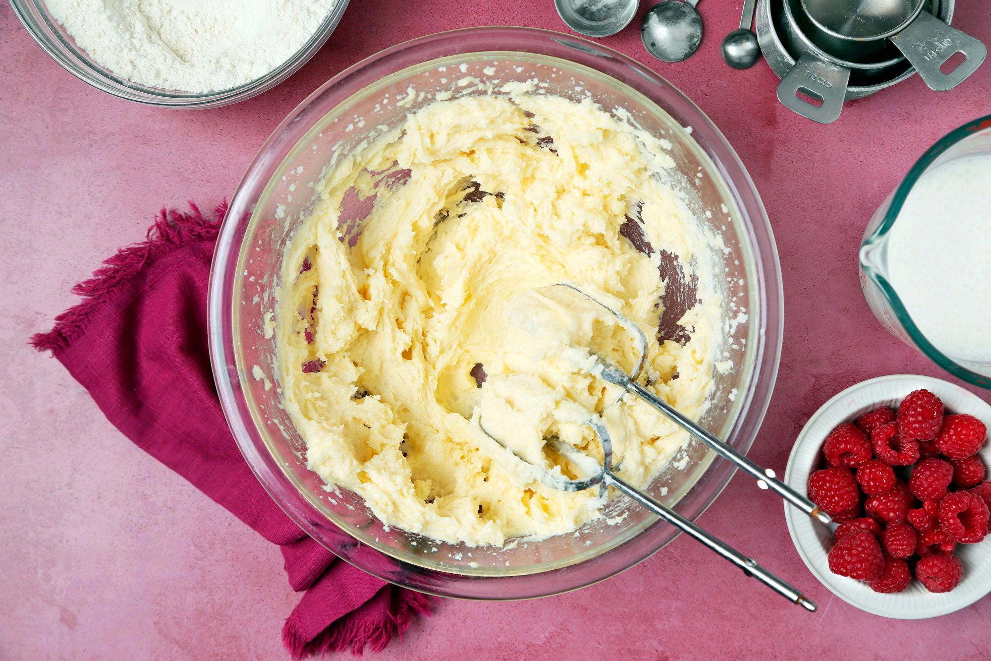 Butter creamed together with sugar in a large mixing bowl