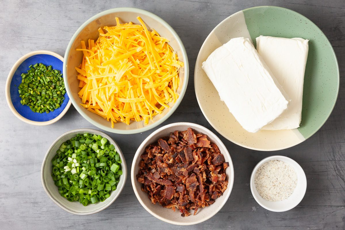 Overhead shot of all ingredients; grey surface