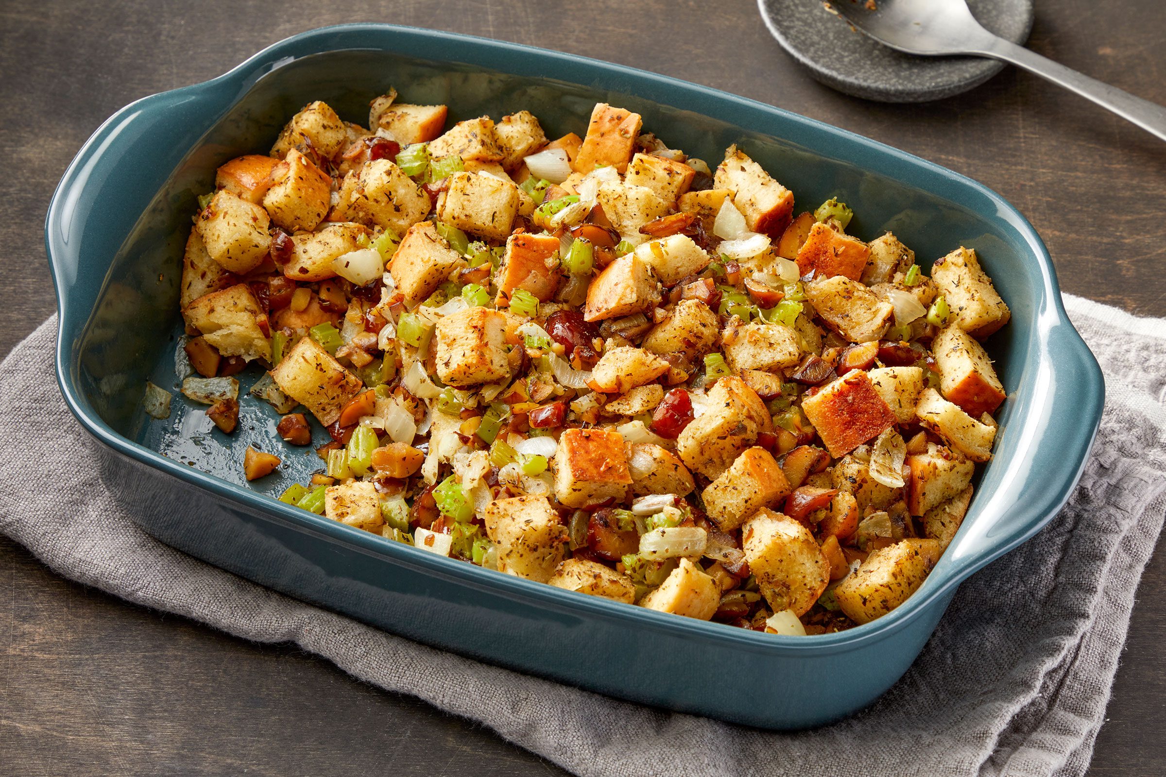 Chestnut Stuffing in a baking dish