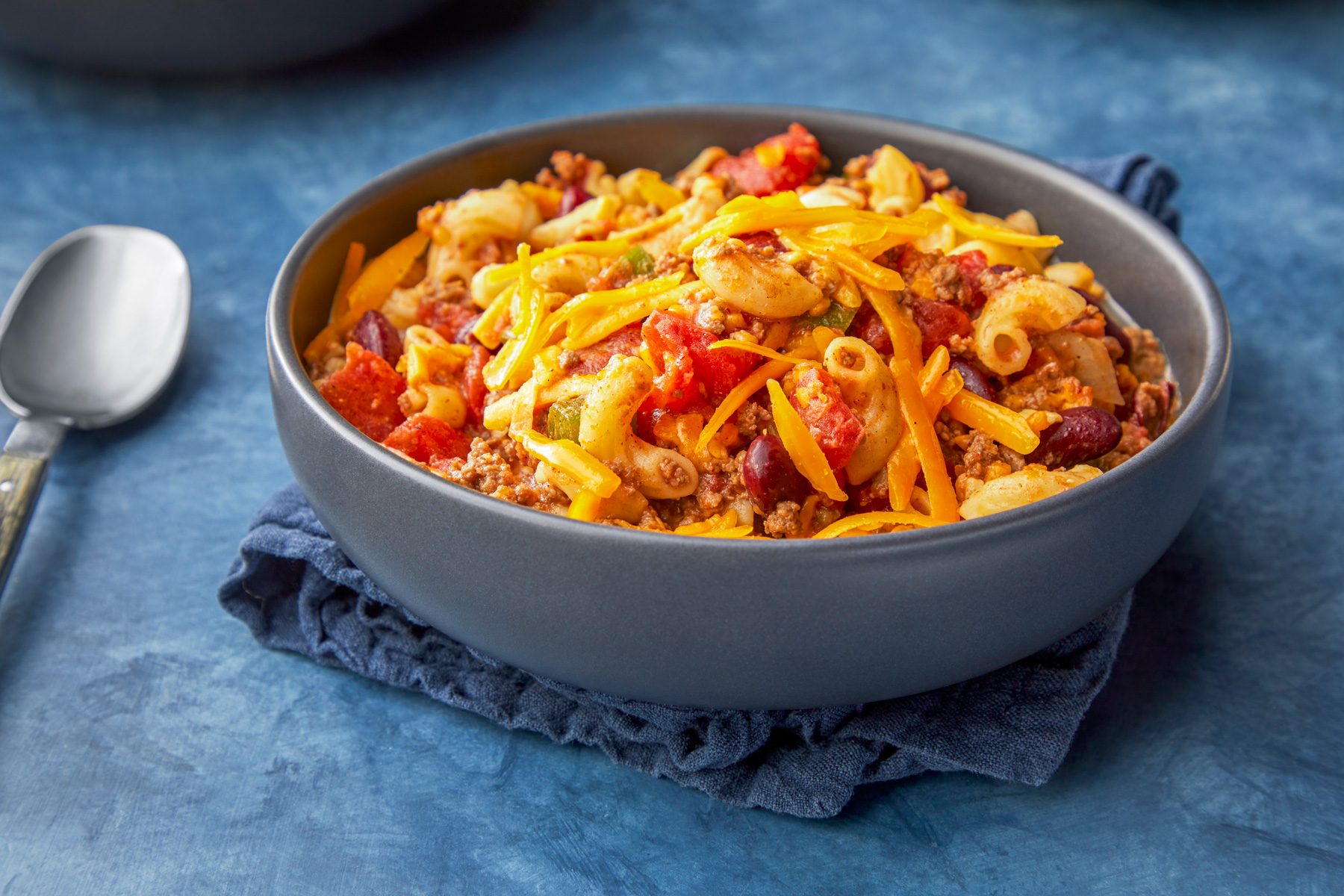 3/4th shot of Chili Mac and Cheese.