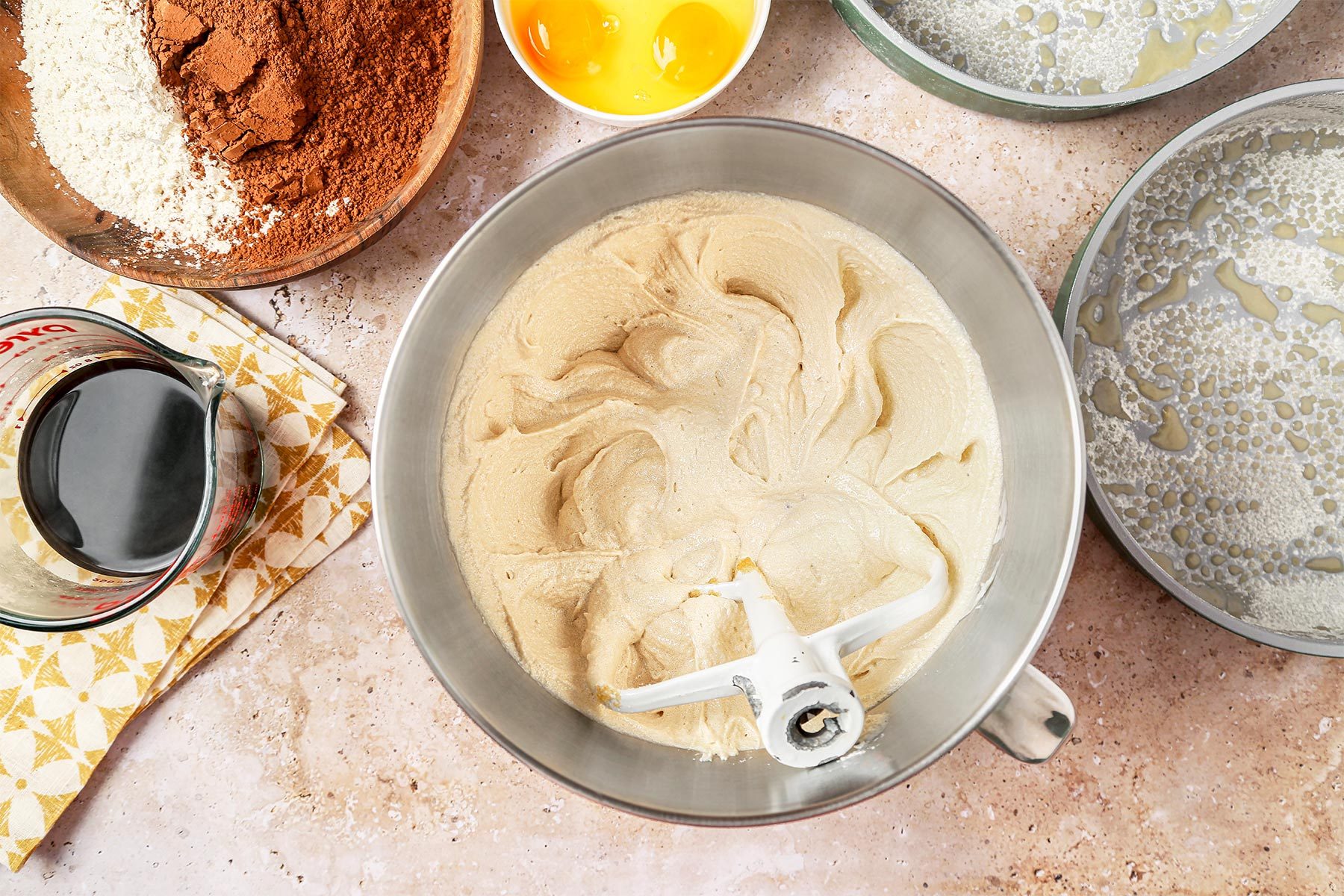 Cake batter mixed in a mixing bowl.