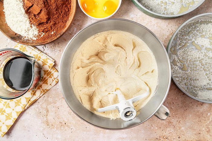 Cake batter mixed in a mixing bowl.