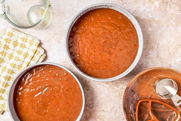 Cake batter mixed in a mixing bowl.