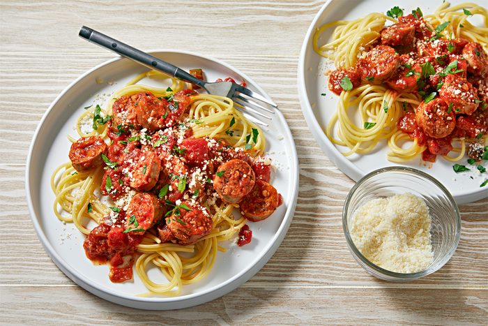 Sausage Spaghetti served in two plates