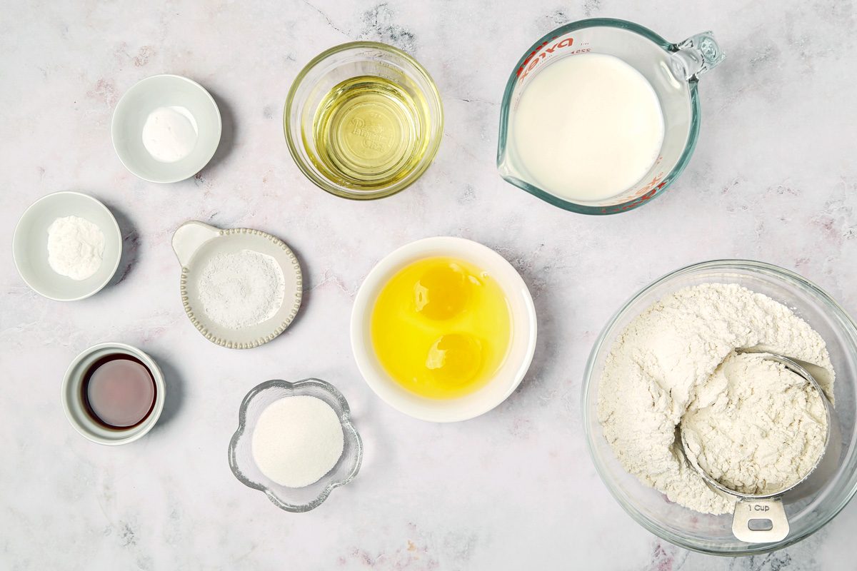 flour, sugar, salt, eggs, milk, canola oil, butter and vanilla extract