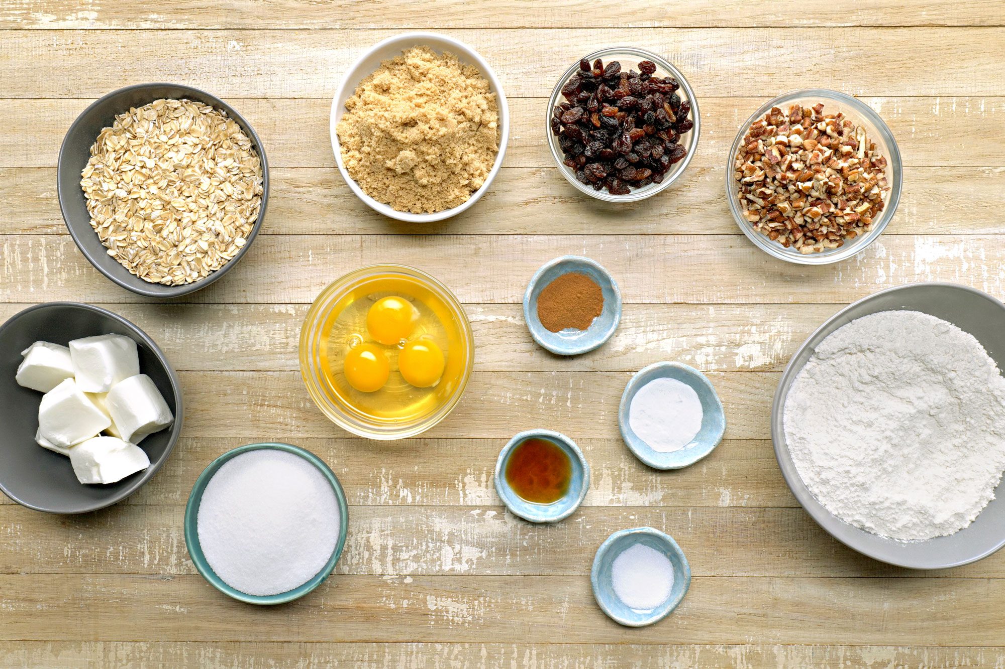 Overhead shot of all ingredients; wooden surface;