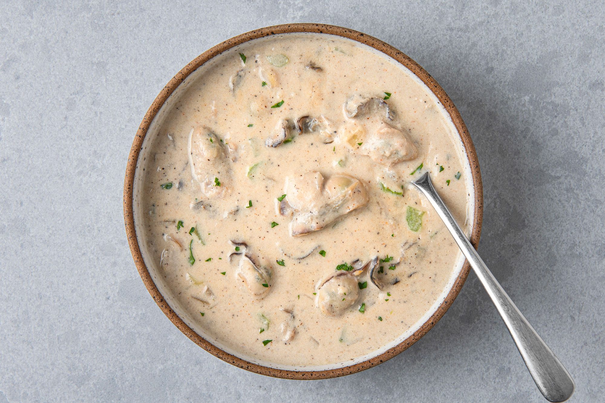 overhead shot of a bowl of Oyster Stew, a creamy soup with oysters, served in a brown bowl with a white rim; the soup is garnished with chopped parsley and a spoon is resting on the rim of the bowl; the bowl is sitting on a light grey speckled surface