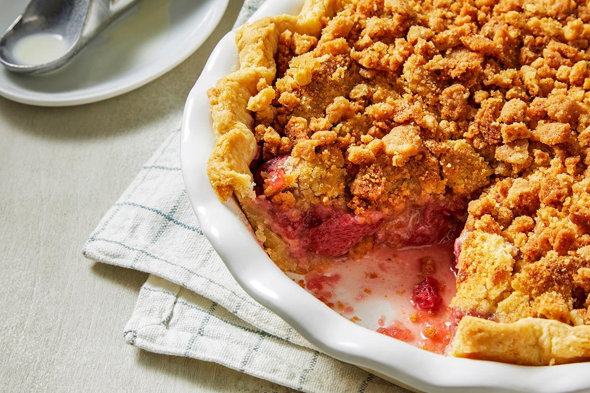 Strawberry Crumble Pie served on a plate 