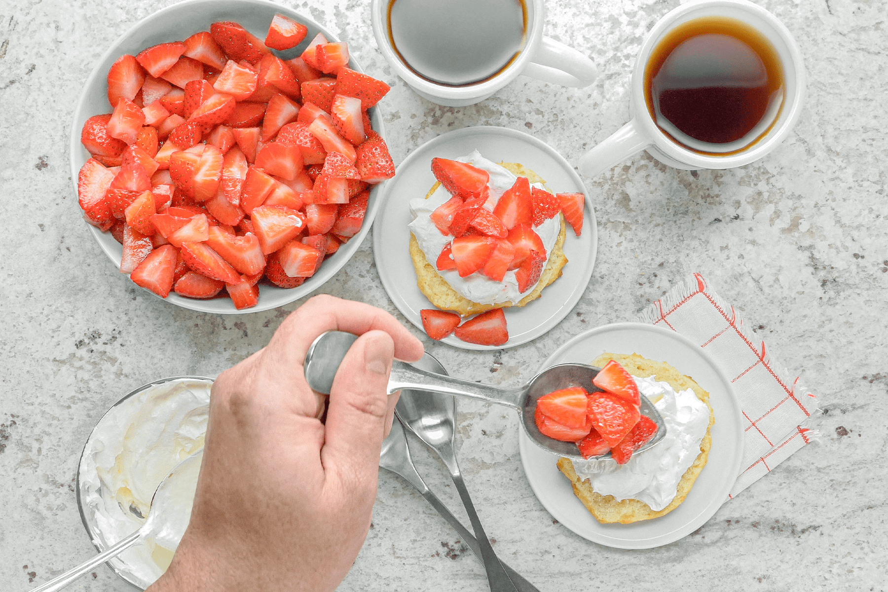 Top each biscuit with the whipped topping and the macerated strawberries