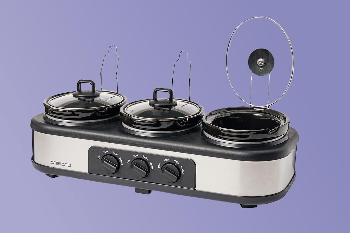 Aldi Ambiano Triple Slow Cooker on a purple background