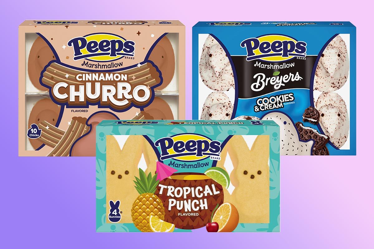 Peeps cinnamon churro, Peeps Breyer's cookies and cream, and Peeps Tropical Punch packages on a purple background
