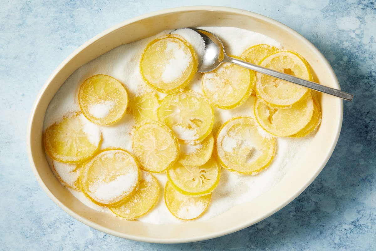 Toss dried slices in sugar.