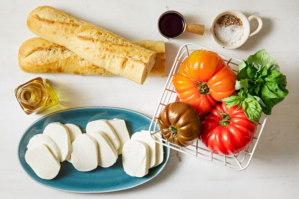 overhead shot of ingredients for Caprese Sandwich
