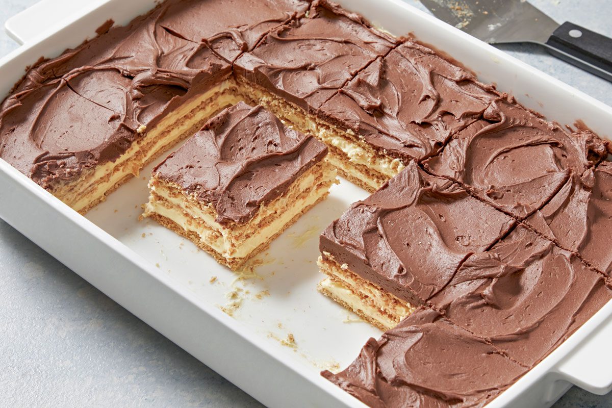 high angle shot of Chocolate Eclair Cake;
