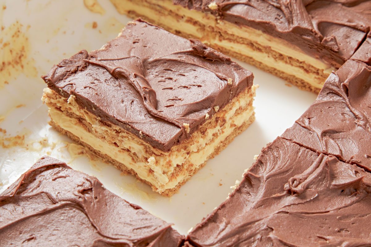 close up shot of Chocolate Eclair Cake;