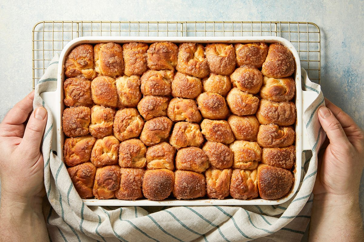 Overhead shot of cover with a kitchen towel; let rise in a warm place until almost doubled about 30 minutes; Preheat oven to 375 degree; Bake 25-30 minutes or until golden brown