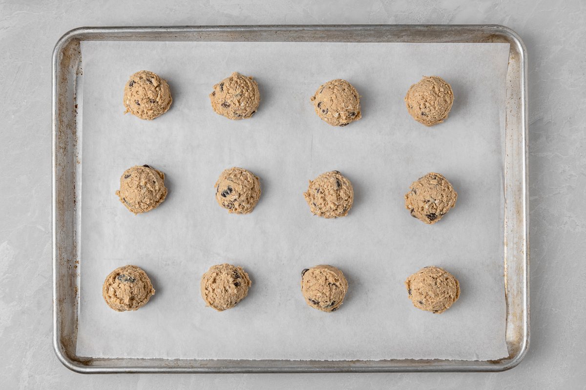 batter in two tablespoonful-sized balls spread 2 inches apart onto parchment-lined baking sheets