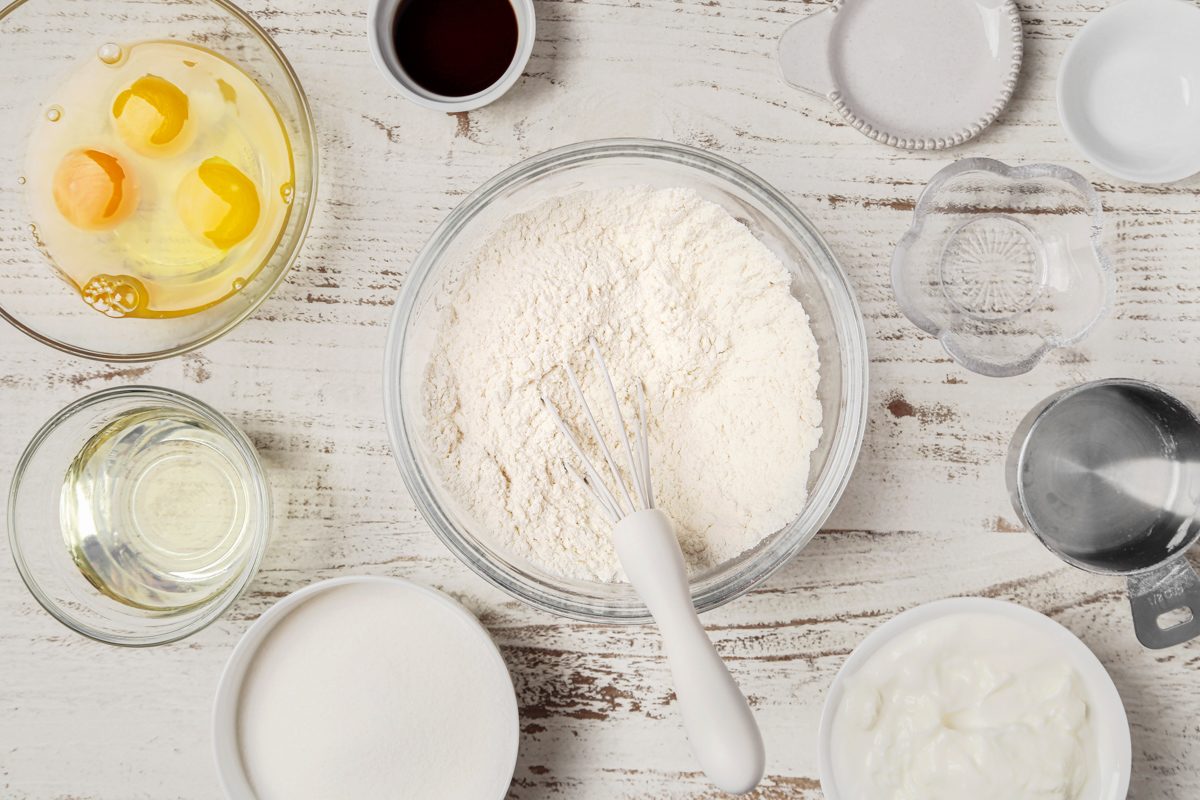 flour, baking soda, baking powder and salt whisked together in a bowl