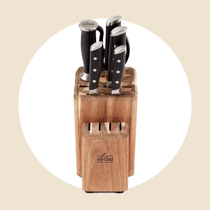 All Clad knife set in a wooden block